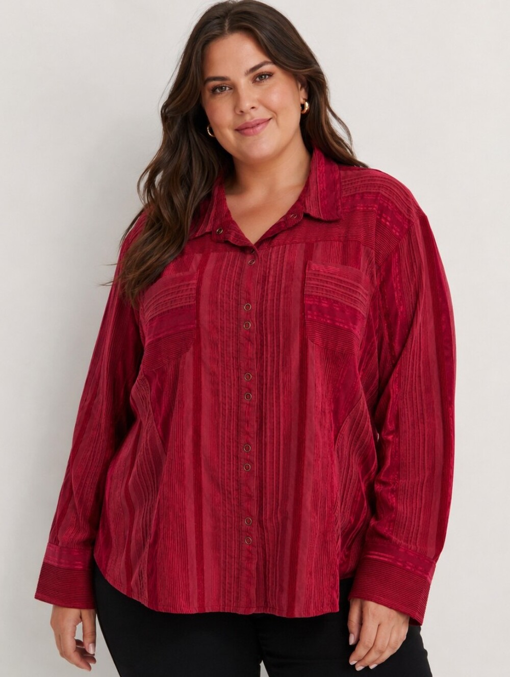Y2 Blu long sleeves red textured Button Up blouse, Y2K, plus size XXL